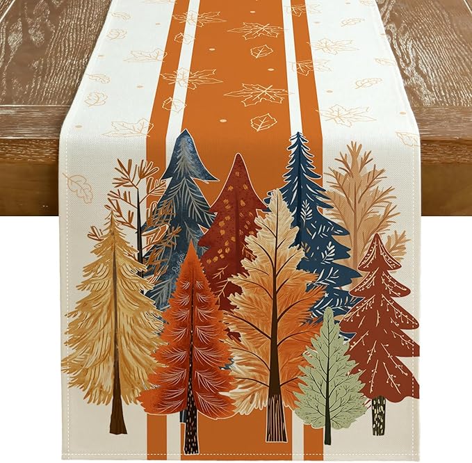 GEEORY Fall Watercolor Trees & Maple Leaves Striped Table Runner 13x108 Inch by GEEORY