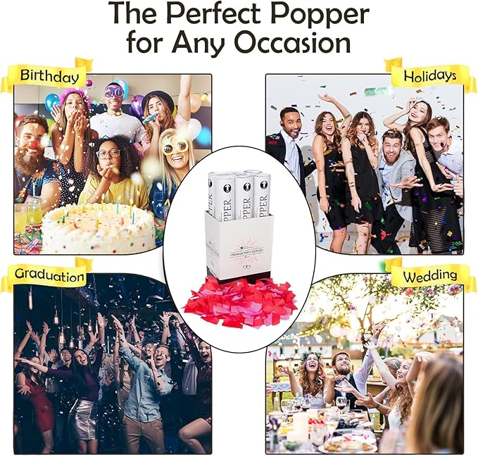 Clover Products 12" Biodegradable Confetti Cannons | 6 Pack | Red & Pink Poppers - Image 3