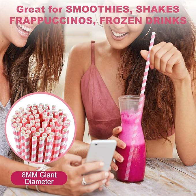 14 inch Extra Long Disposable Pink/White Striped Paper Drinking Straws 0.31" - Image 3