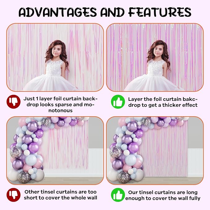 2 Pack Iridescent Transparent Foil Fringe Backdrop Curtains, Tinsel Streamers - Image 5