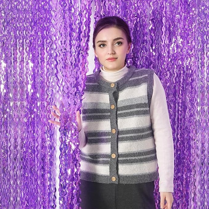 4 Pack Sparkle Wavy Purple Tinsel Curtain Party Backdrop - Image 4