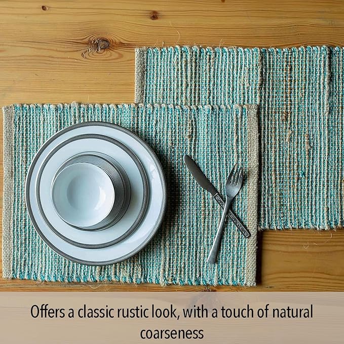 Chardin Home Natural Jute & Aqua Turquoise Placemats, 13x19 in Dining Table - Image 3