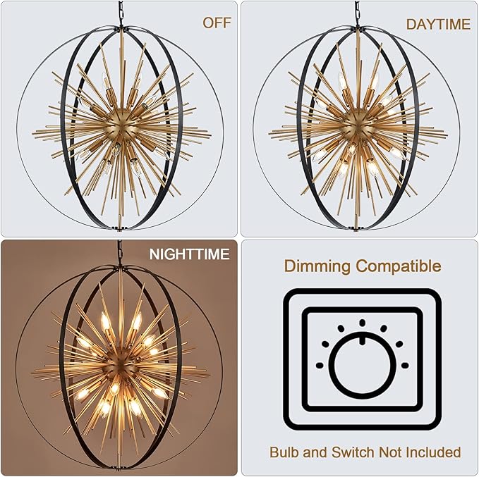 31.5" Black Gold 16-Light Globe Sputnik Chandelier Modern Industrial Adjustable - Image 2