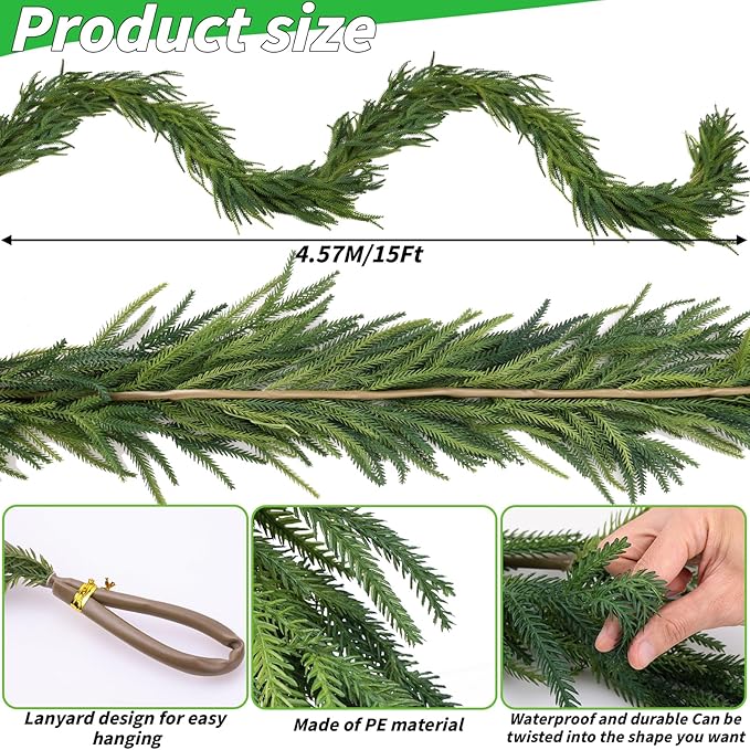 1 Pcs Artificial Norfolk Pine Garlands Christmas, 15 FT Dense Real Touch Winter - Image 2