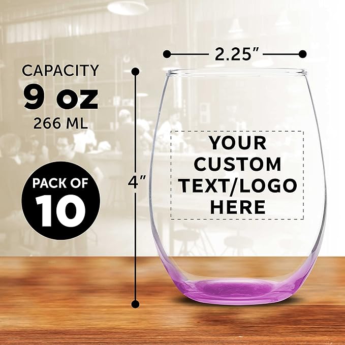 Custom Stemless Wine Glass 9 oz. Set of 10, Personalized Bulk Pack - Image 5