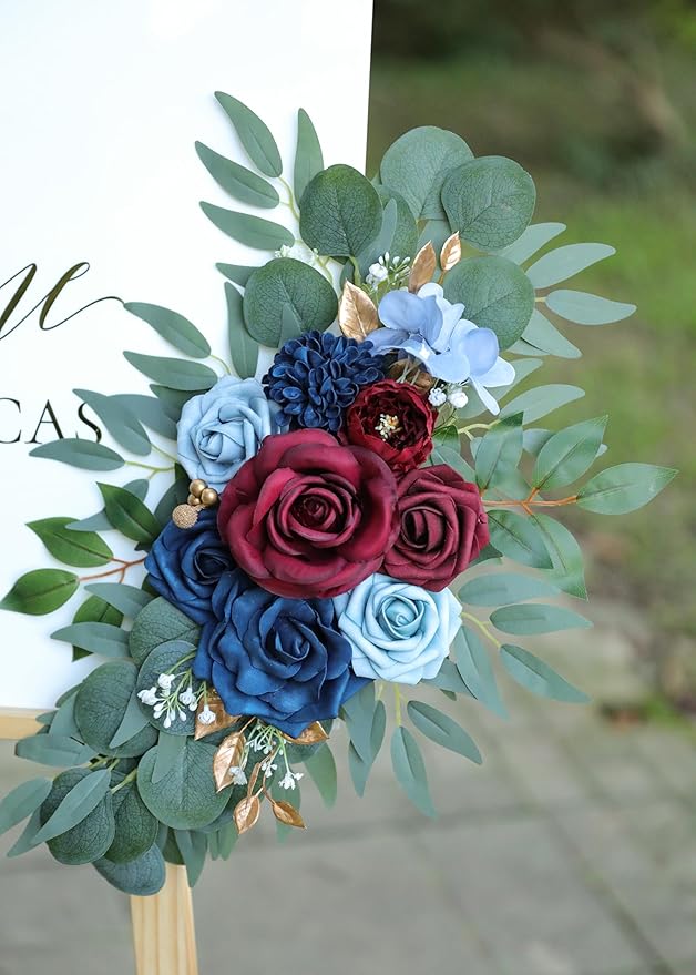 Artificial Navy Blue and Burgundy Wedding Arch Flower Swags Set of 2 - Image 4