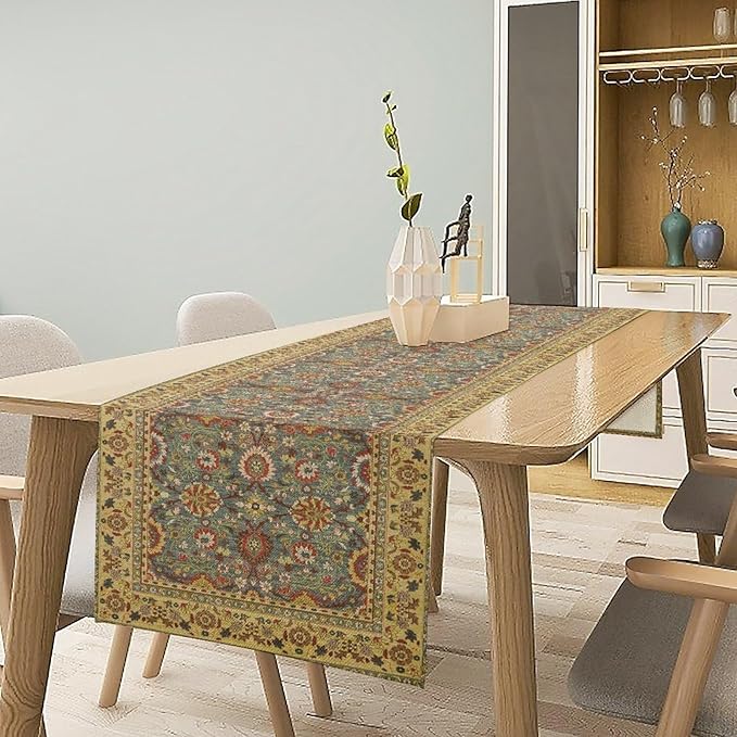 Boho Floral Vintage Beige Blue Table Runner, Retro Flower Rustic Country - Image 2