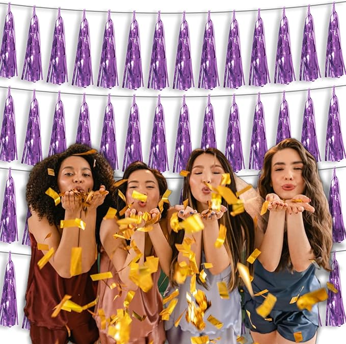 4P Light Purple Foil Fringe Tassel Banner Garland Metallic Tinsel Streamers - Image 6