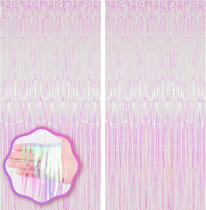 2 Pack Iridescent Transparent Foil Fringe Backdrop Curtains, Tinsel Streamers by Voircoloria