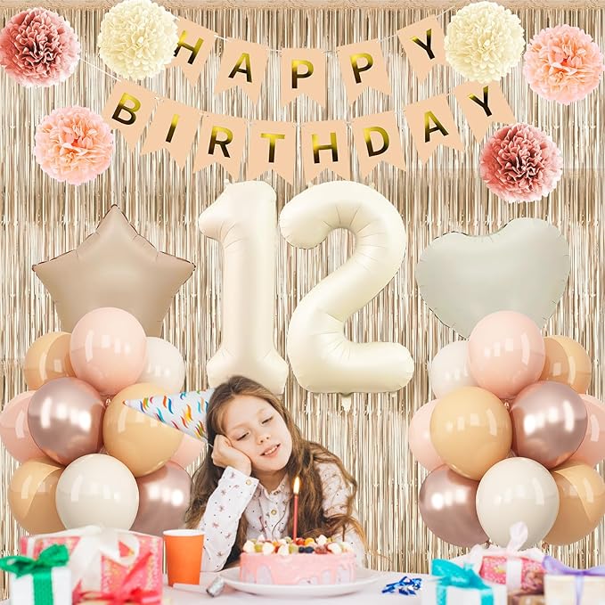 Beige 12th Birthday Decorations Girls Boys Cream Number 12 Balloon Nude Gold - Image 4
