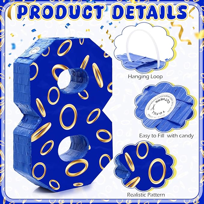 Number 8 Blue and Golden Rings Piñata - Image 3
