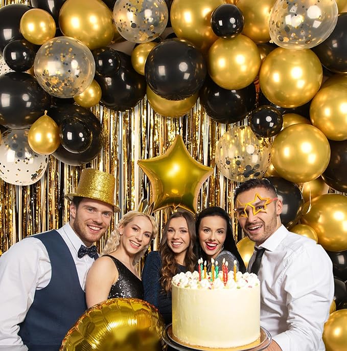 Metallic Tinsel Foil Fringe Curtains Backdrop Black Gold - Image 3
