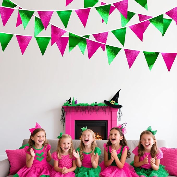 Pink and Green Party Decorations Metallic Hot Pink Light Green Fabric Triangle - Image 5