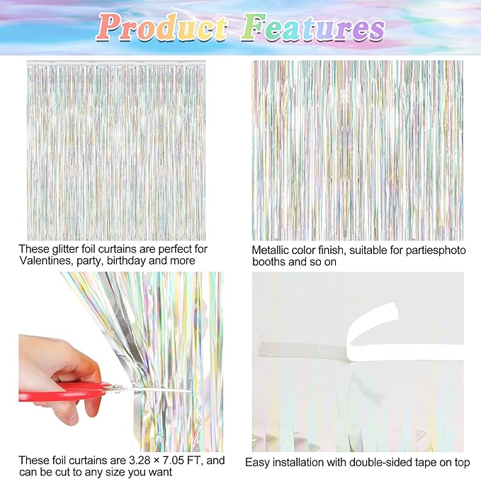 2 Pack Backdrop Curtains, 3.28 FT x 7.05 FT Laser Silver Fringe Curtains - Image 4