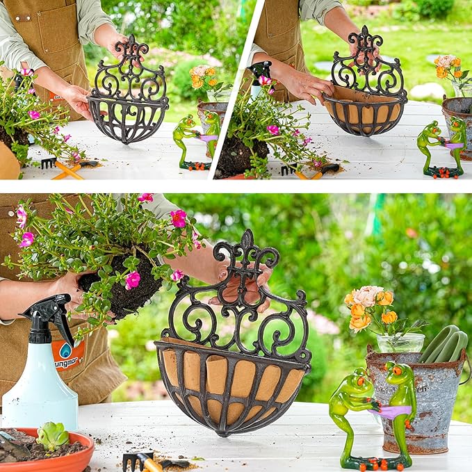 Sungmor 2PC Small Cast Iron Baskets, Heavy-Duty Wall Hanging Hollow Planter - Image 3