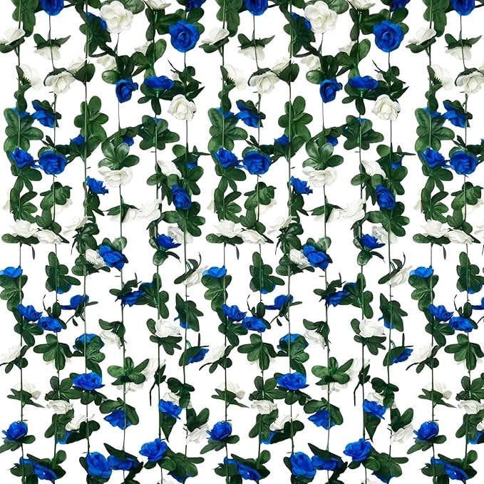 16Pcs 126Ft Royal Blue&White Rose Garland, Fake Rose Hanging Flowers, by Tisspoms
