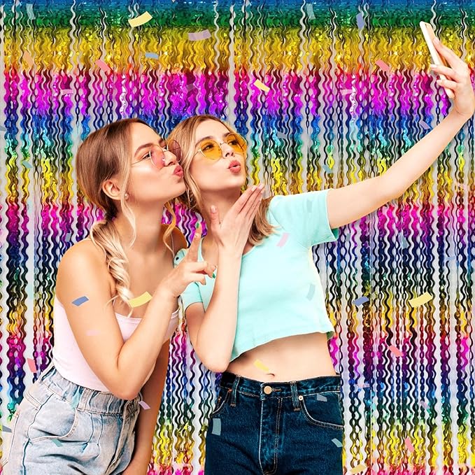 4 Pack Rainbow Wave Foil Fringe Curtain Backdrop, 3.28Ft x 8.2Ft Metallic - Image 7
