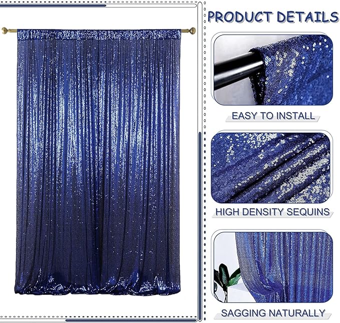 Navy Blue Sequin Backdrop Curtains Glitter Drapes 2FTx8FT 2 Panels - Image 4