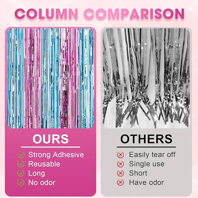 3 Pack 3.3x8.2 Feet Blue and Pink Foil Fringe Backdrop Curtains, Tinsel - Image 5