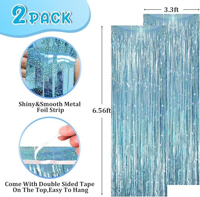 2 Pack Laser Light Blue Foil Fringe Curtains, Tinsel Streamers Birthday Party - Image 2