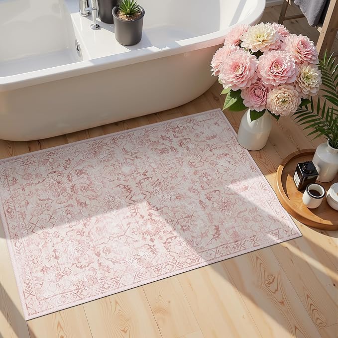 Pink Area Rug 2x3 Entryway Rug for Bedroom Bathroom, Non-Slip Low-Pile Washable - Image 3