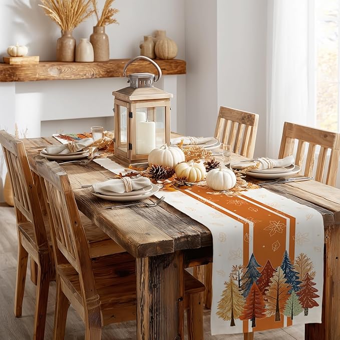 GEEORY Fall Watercolor Trees & Maple Leaves Striped Table Runner 13x120 Inch - Image 7