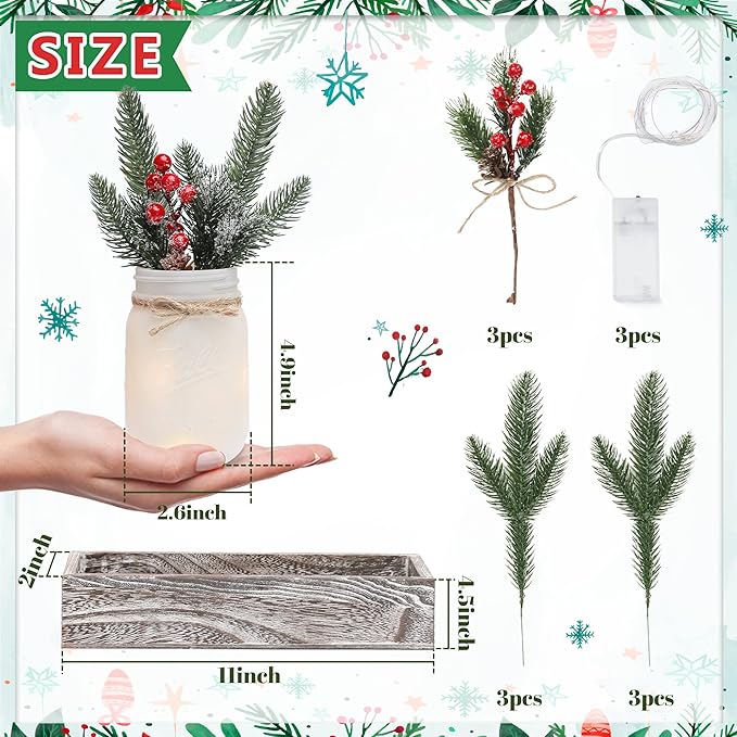 Christmas Mason Jars, Christmas Centerpiece Table Settings, Wood Tray - Image 3