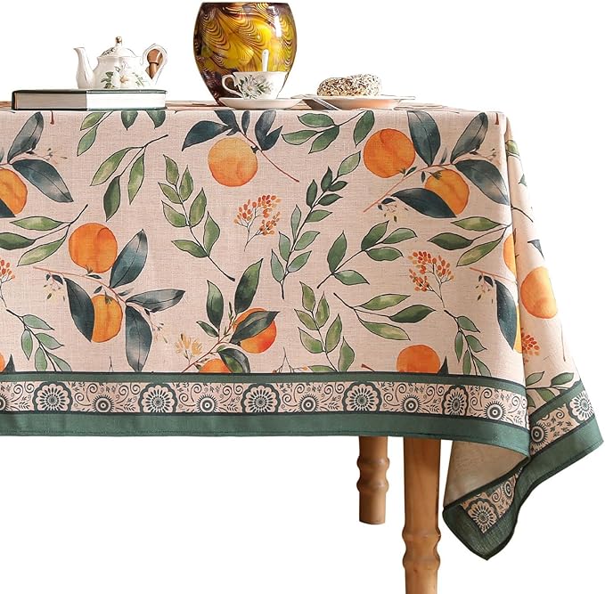 patdrea Designer Vintage Linen Long Rectangle Table Cloth, Framhouse Oranges by Welcometopatdrea
