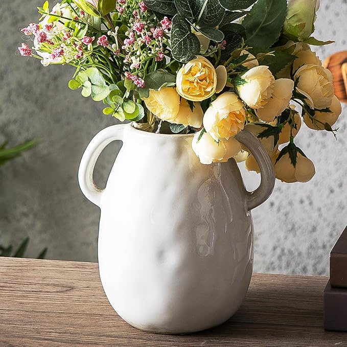 Kimdio White Ceramic Vase with 2 Handles, Modern Farmhouse Vases by Kimdio