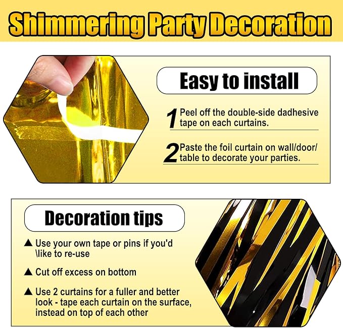 6 Pack Black Gold Foil Fringe Curtain Backdrop, 3.28Ft x 8.2Ft Metallic Tinsel - Image 3