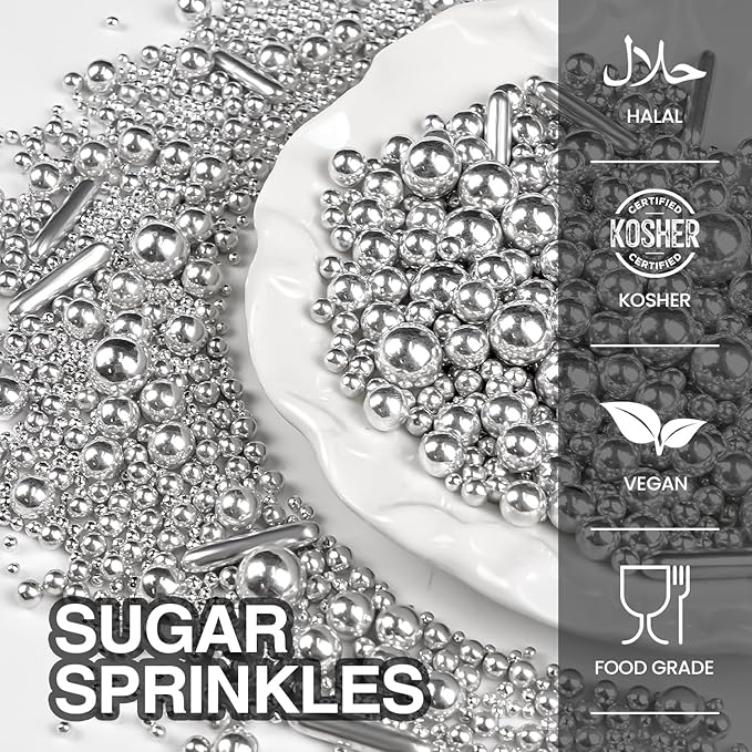 Silver Pearl Rods Sprinkles, Edible Sugar Candy Mix Size, 150g/5.29oz, Baking - Image 6
