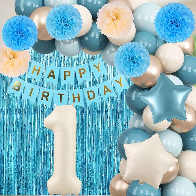Dusty Blue 1st Birthday Decorations Beige Cream Number 1 Balloon - Image 5