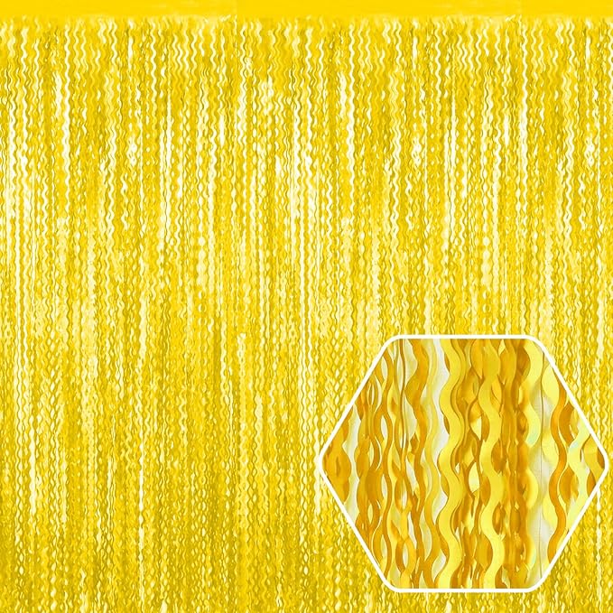 4 Pack MacaronYellow Wave Foil Fringe Curtain Backdrop, 3.28Ft x 8.2Ft Metallic by Ferwzsr