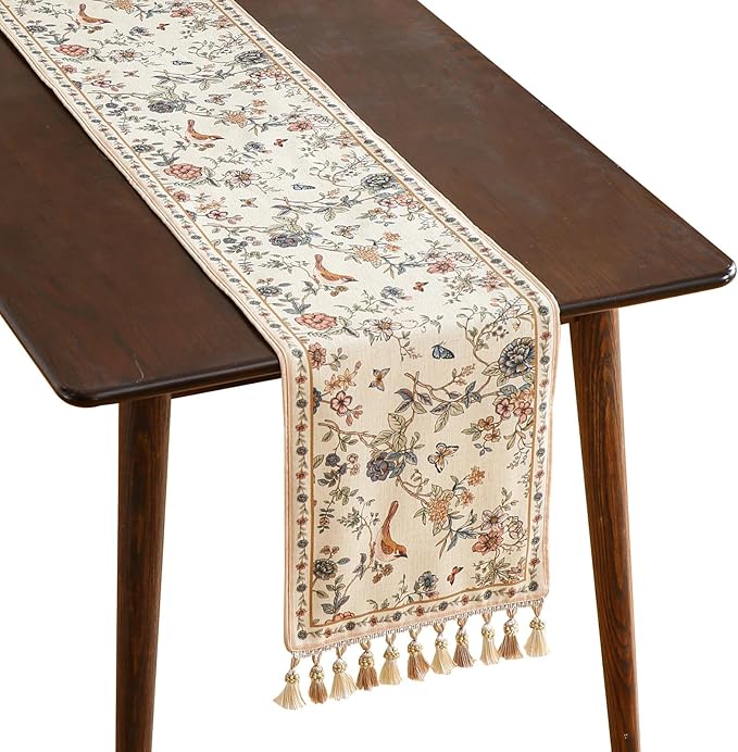 ISAENNE Designer Linen Table Runner 71 Inches Long, Elegant Floral Bird Pattern by Isaennehomedecoration