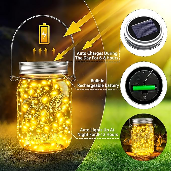 ZNYCYE Mason Jar Solar Lights for Outside, 12 Pack 30 LED Fairy Firefly Lights - Image 2