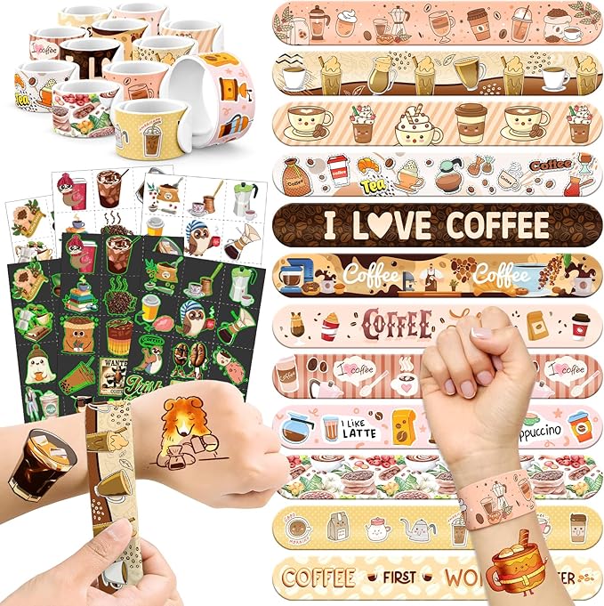96 PCS Coffee Party Favors Set – 72 Pre-Cut Temporary Tattoos & 24 Slap by BOIKOKY