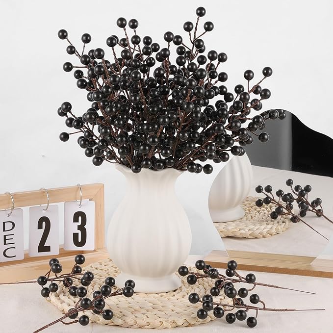 40 Pcs Artificial Berry Stems Branches, Halloween Black Faux Holly Berries - Image 7