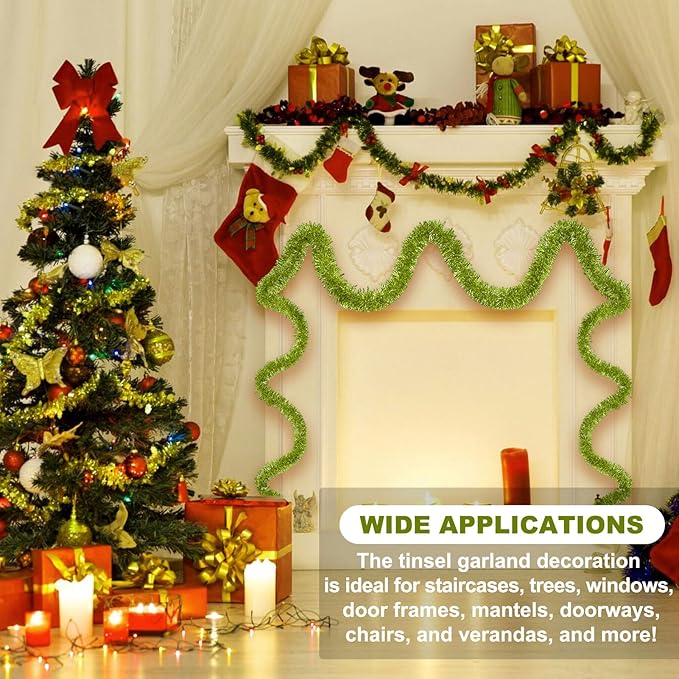 25 Feet Light Green Christmas Tinsel Garland, Metallic Foil Twist Banner Wall - Image 3