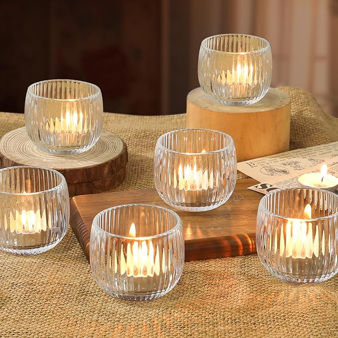 Set of 6 Ribbed Glass Votive Candle Holders, and Home Decor by SHOHAYTO