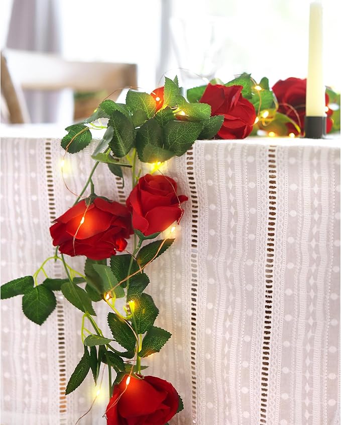 FiveSeasonStuff 29 Ft 4 Pack Christmas Red Rose Silk Flower Garland Artificial - Image 3