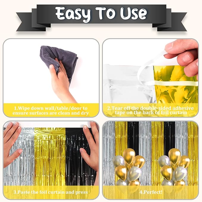3 Pack 3.3 x 8.2 ft Black Gold Silver Foil Fringe Backdrop Curtains, Tinsel - Image 3