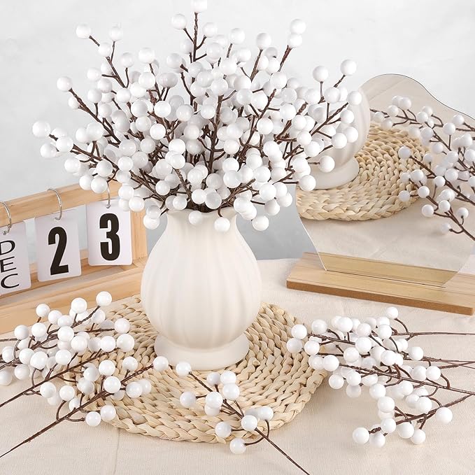 40 Pcs Artificial Berry Stems Branches, Christmas White Faux Holly Berries - Image 7