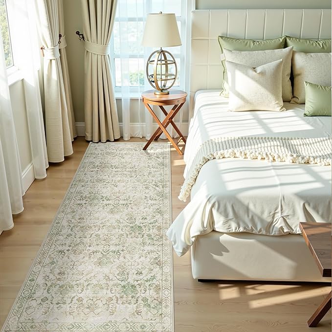 Green 2x6 Runner Rug for Hallways Bed Side Kitchen, Boho Washable Distressed by Deerly