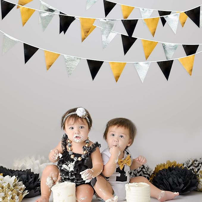 Black Gold Silver Party Decoration Triangle Pennant Banner Flag Metallic Fabric - Image 6