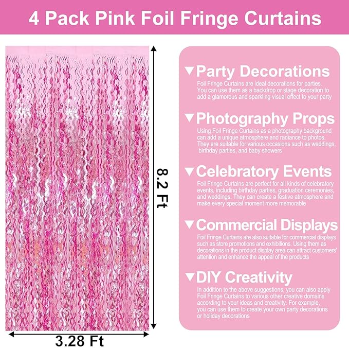 4 Pack Pink Wave Foil Fringe Curtain Backdrop, 3.28Ft x 8.2Ft Metallic Tinsel - Image 2