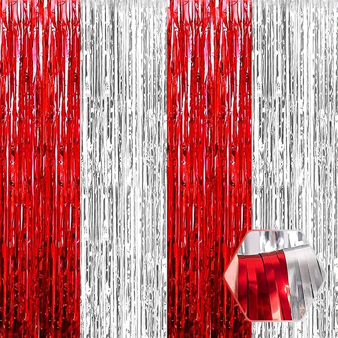 6 Pack Red Silver Foil Fringe Curtain Backdrop, 3.28Ft x 8.2Ft Metallic Tinsel by Ferwzsr