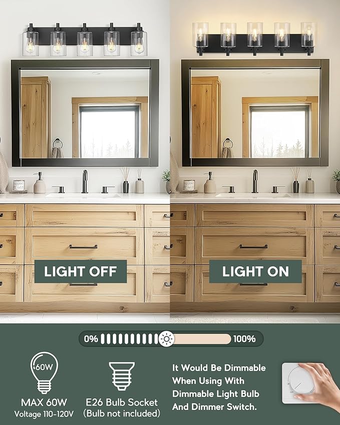 5-Light Bathroom Light Fixtures, 30 Inch Black Vanity Light - Image 5