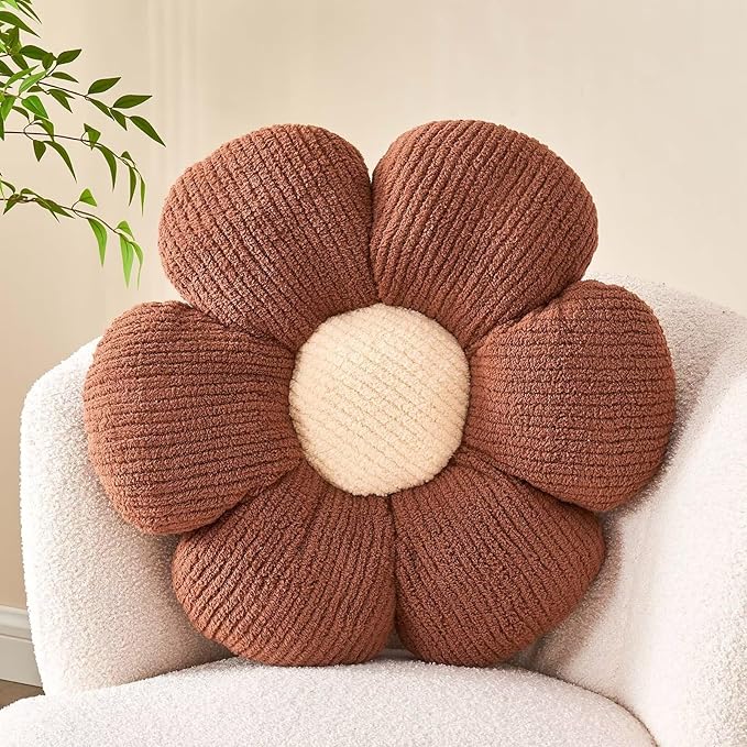 Flower Throw Pillow, Soft Brown 17.7" Shaped Floor Pillow by Kcvvcr