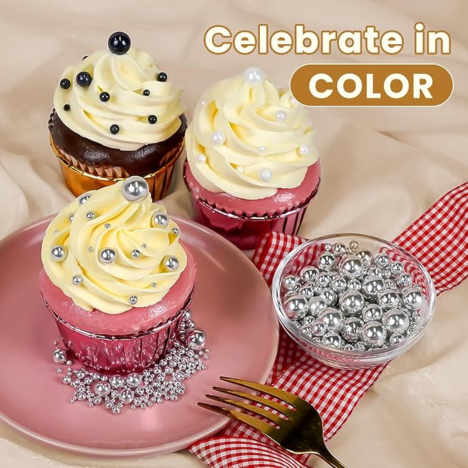 Edible Silver Pearl Sugar Sprinkles, Mix Size, 180g/6.35oz, Cake Decorations - Image 2