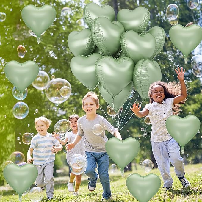 Sage Green Heart Foil Balloon, Light Green Heart Shaped Mylar Balloons - Image 4